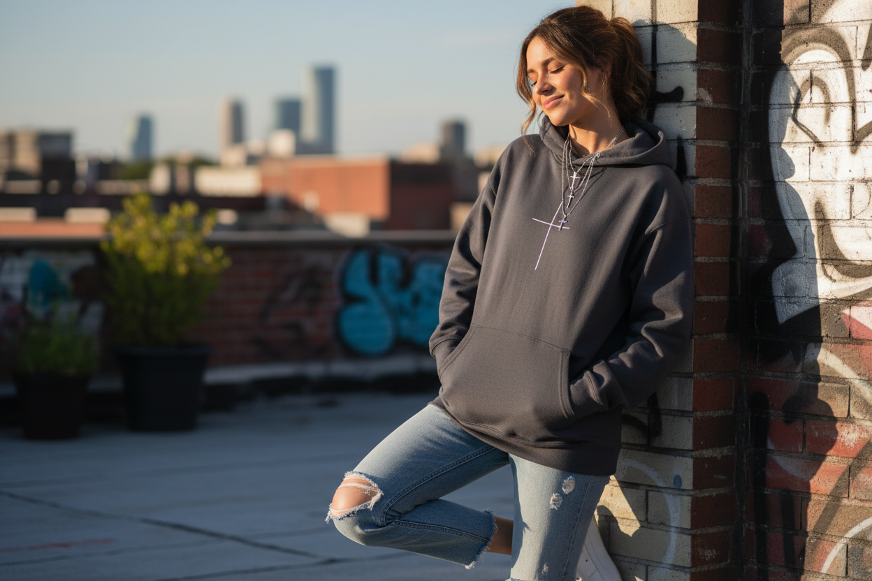 Woman in casual hoodie with cross
